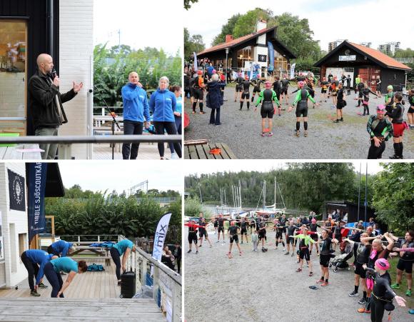 Starten för premiärloppet av Upplands-Bro Swimrun gick vid Marina Föreningshuset i Kungsängen där en ganska stor publik samlats för att skicka i väg de tävlande. Innan den gemensamma uppvärmningen, som leddes av Gymmix, höll Lars Frölander ett kort invigningstal.