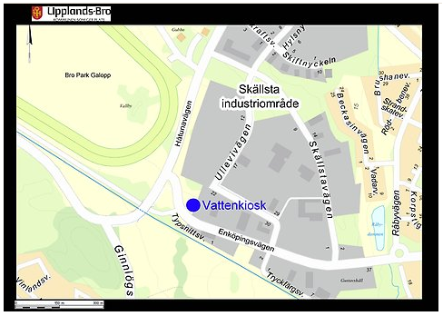 Karta över Skällsta i Bro där vattenkiosken är utmärkt. Skärmdump från kommunens hemsida.