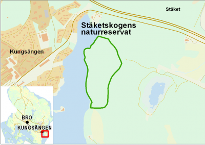 Stäketskogens naturreservat ligger på Stäksöns västra strand, söder om E18 och de gamla landsvägarna vid Dalkarlsbacken.