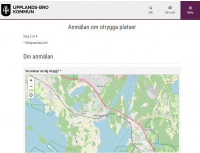 Skärmdump från kommunens webbsida, e-tjänsten för inrapportering av otrygga platser.