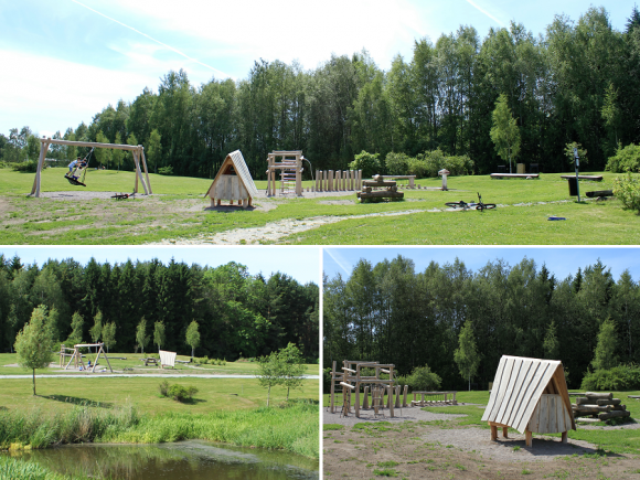 Lekparken vid Råbydammen är omgärdad av ett stort grönområde. Nere vid dagvattendammen finns en liten brygga.
