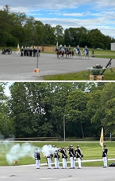 Uppvisningen bjöd bland annat på pang-pang i form av muskötskytte samt en häftig eldstrid mellan marktrupper och kulspruteförsedda soldater högt uppe på huvudkvarterets tak samt undsättning av \