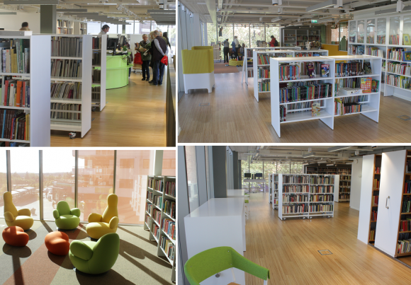 Biblioteket är i två plan, på plan 4 och 5 i Kulturhuset. Barnavdelningen huserar på plan 5.