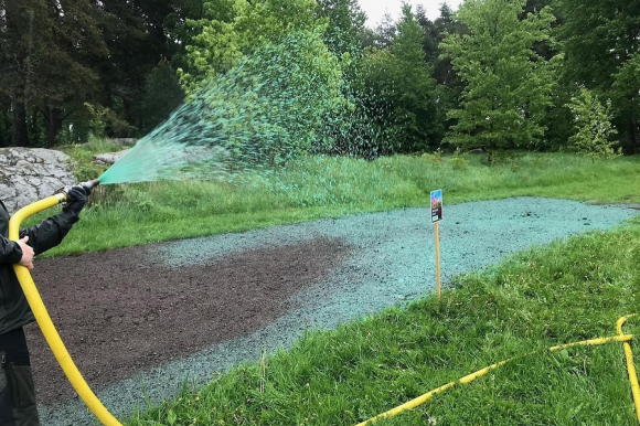 Att sprutså blommor sparar många arbetstimmar. I stället för att manuellt strö ut frön för att sedan vattna och gödsla så används en maskin som sprutar ut fröerna blandade med vatten och näring ut över jorden. 