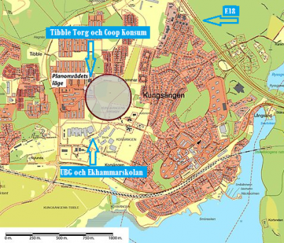Karta från kommunens hemsida. Kartbilden visar stora delar av Kungsängen där planområdet är inringat med en gråskuggad cirkel och förstärkt med tre orienteringspunkter.
