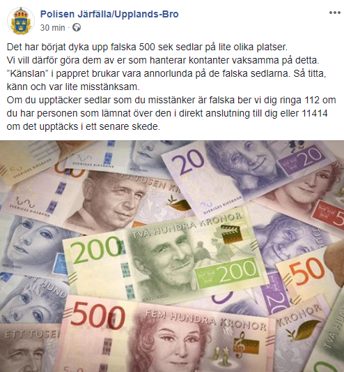 Skärmdump från Polisen i Järfälla/Upplands-Bros FaceBooksida.