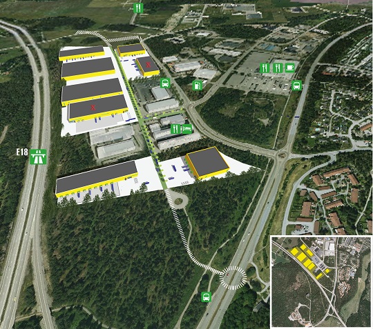 De gula byggnaderna är NCCs tänkta byggnation i Brunna Logistikpark. Markerat med <span style=\
